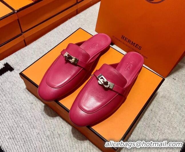 Duplicate Hermes Kelly Calfskin Flat Mules Dark Pink 090910