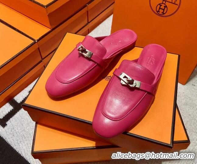 Duplicate Hermes Kelly Calfskin Flat Mules Dark Pink 090910