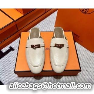 Stylish Hermes Kelly Calfskin Flat Mules Light Beige 090911