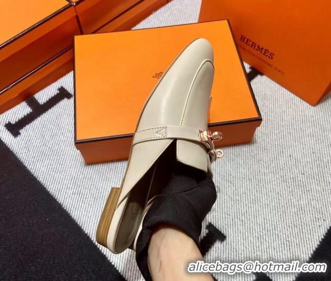 Stylish Hermes Kelly Calfskin Flat Mules Light Beige 090911