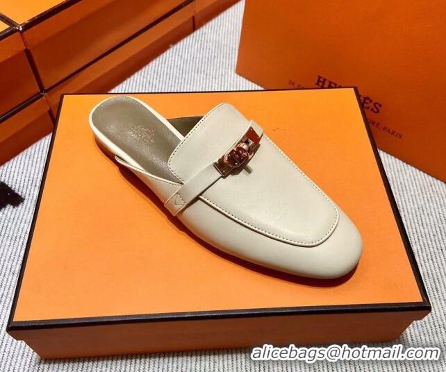 Stylish Hermes Kelly Calfskin Flat Mules Light Beige 090911