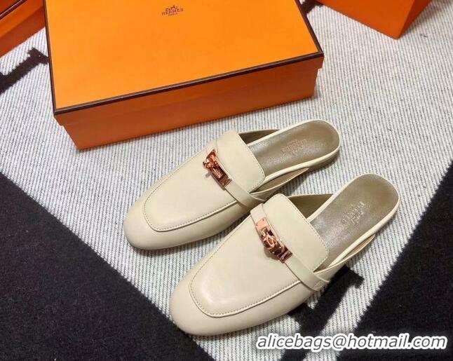 Stylish Hermes Kelly Calfskin Flat Mules Light Beige 090911