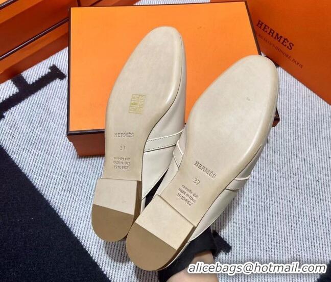 Stylish Hermes Kelly Calfskin Flat Mules Light Beige 090911