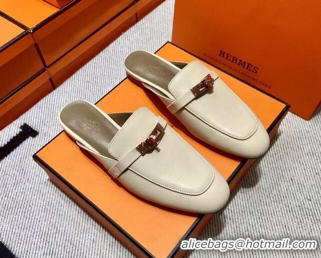 Stylish Hermes Kelly Calfskin Flat Mules Light Beige 090911