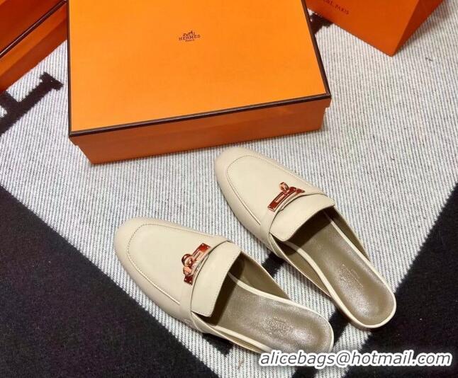 Stylish Hermes Kelly Calfskin Flat Mules Light Beige 090911