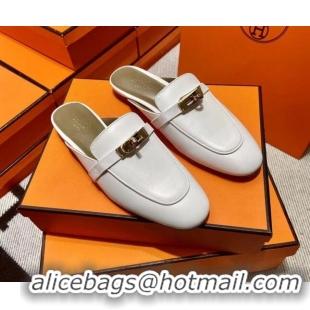 Fashion Hermes Kelly Calfskin Flat Mules Snow White 090912