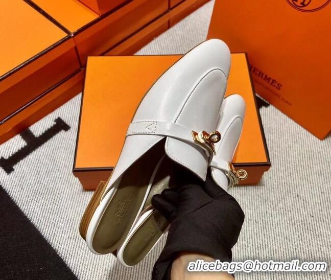 Fashion Hermes Kelly Calfskin Flat Mules Snow White 090912