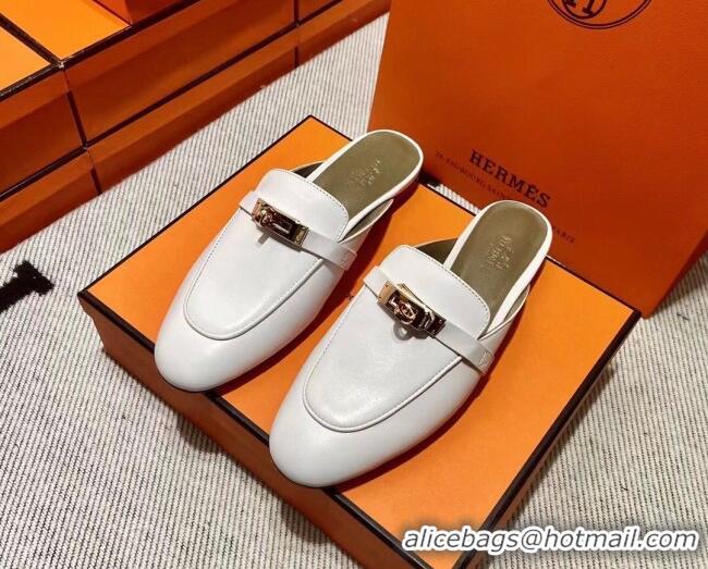 Fashion Hermes Kelly Calfskin Flat Mules Snow White 090912