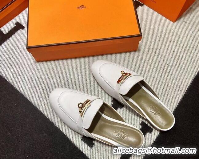 Fashion Hermes Kelly Calfskin Flat Mules Snow White 090912