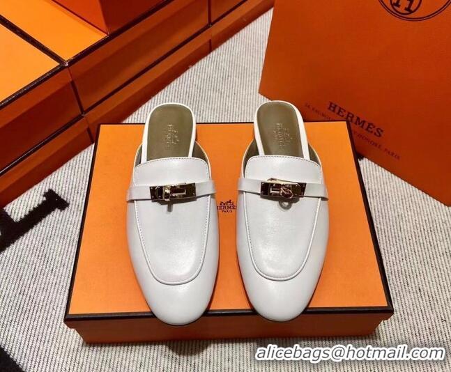 Fashion Hermes Kelly Calfskin Flat Mules Snow White 090912