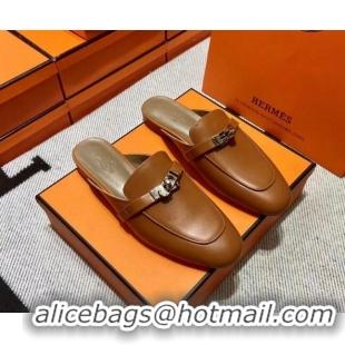 Best Grade Hermes Kelly Calfskin Flat Mules Brown 090913