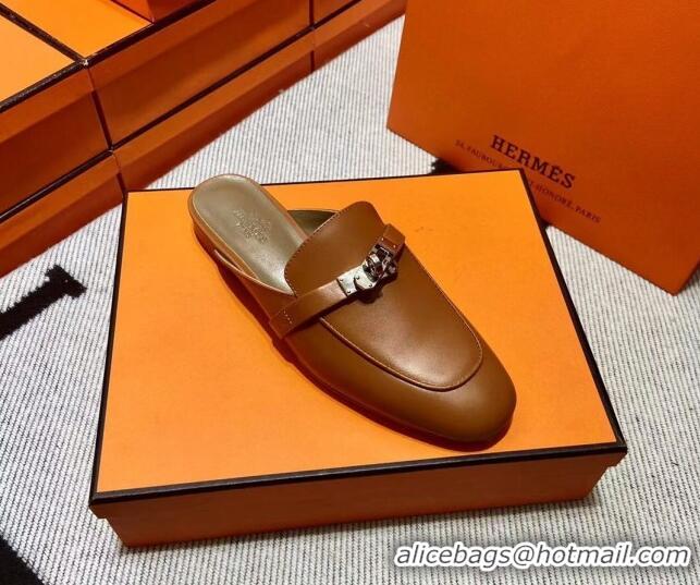 Best Grade Hermes Kelly Calfskin Flat Mules Brown 090913