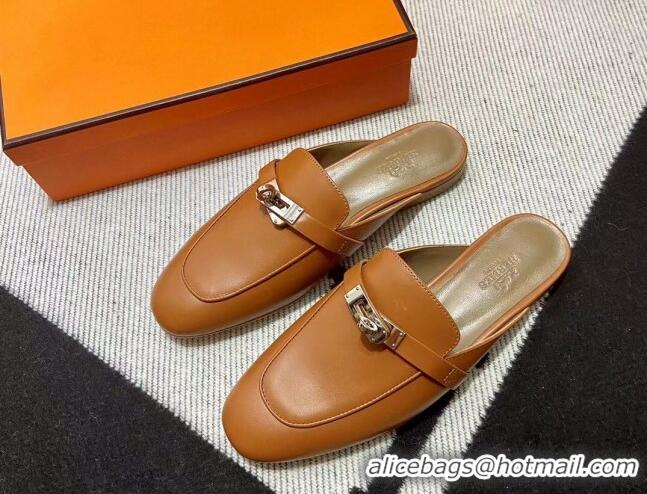 Best Grade Hermes Kelly Calfskin Flat Mules Brown 090913