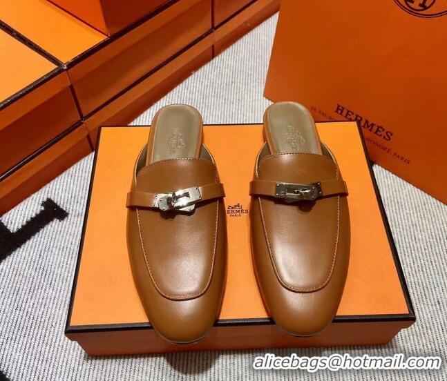 Best Grade Hermes Kelly Calfskin Flat Mules Brown 090913