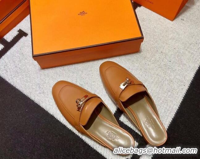 Best Grade Hermes Kelly Calfskin Flat Mules Brown 090913