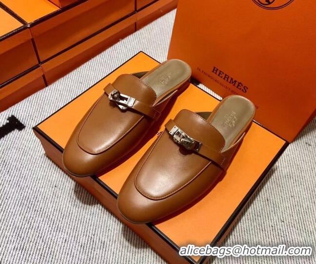 Best Grade Hermes Kelly Calfskin Flat Mules Brown 090913