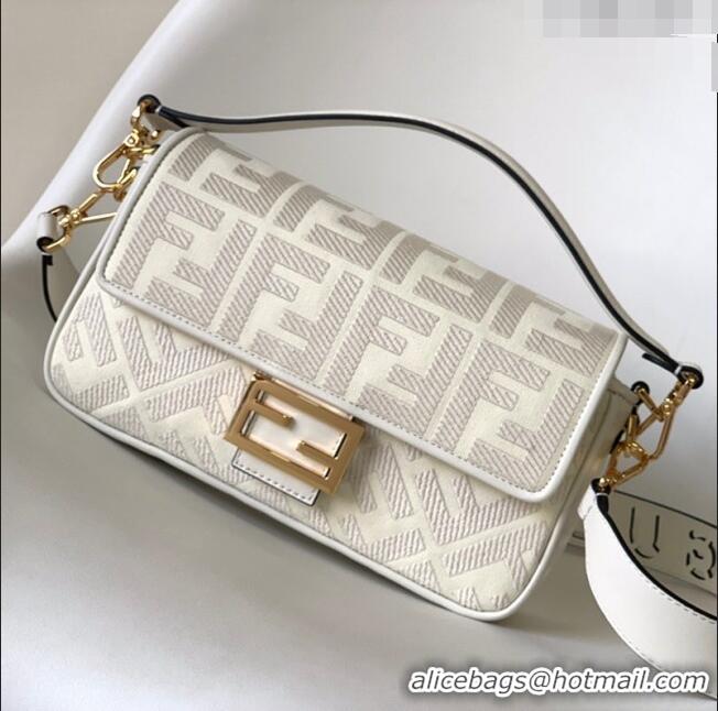 Inexpensive Fendi Baguette Medium Bag in FF Canvas FD1280 White 2023