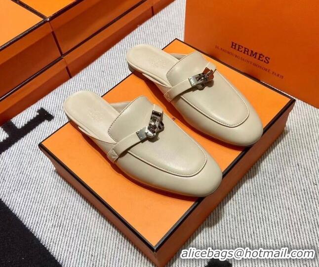 Low Price Hermes Kelly Calfskin Flat Mules Light Beige 090914