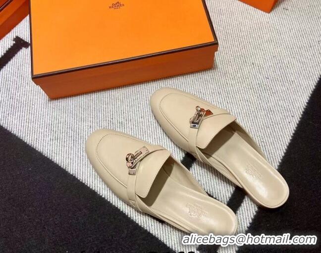 Low Price Hermes Kelly Calfskin Flat Mules Light Beige 090914