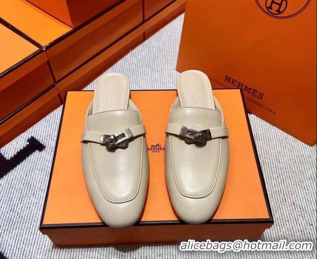 Low Price Hermes Kelly Calfskin Flat Mules Light Beige 090914