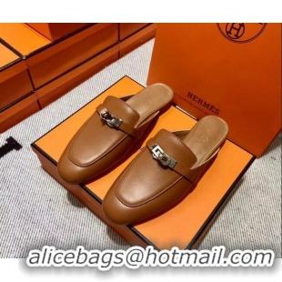 Sumptuous Hermes Kelly Calfskin Flat Mules Brown 090915