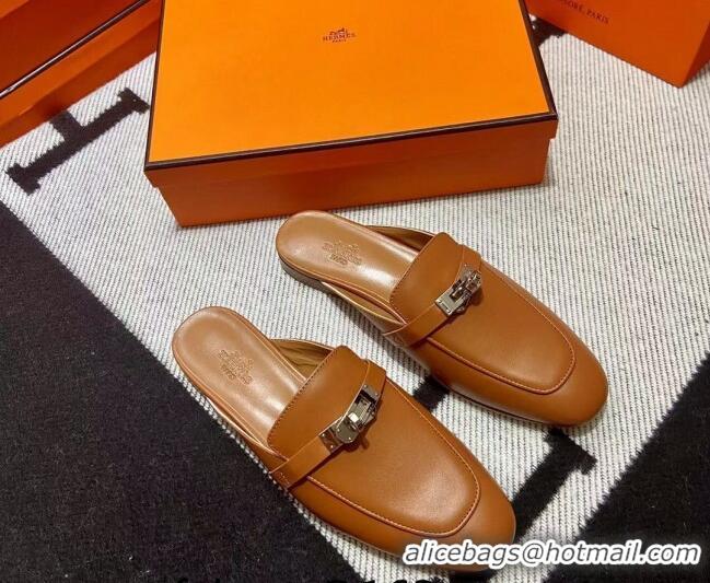 Sumptuous Hermes Kelly Calfskin Flat Mules Brown 090915