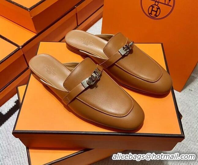 Sumptuous Hermes Kelly Calfskin Flat Mules Brown 090915