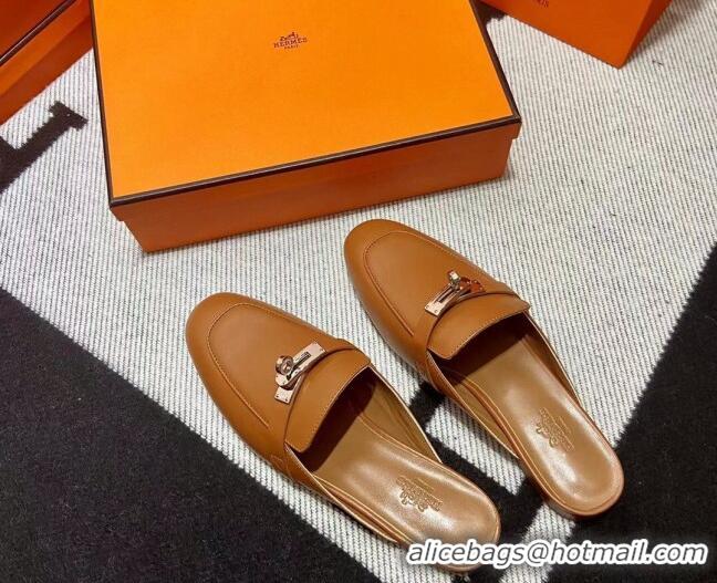 Sumptuous Hermes Kelly Calfskin Flat Mules Brown 090915