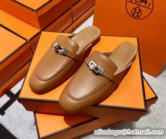 Sumptuous Hermes Kelly Calfskin Flat Mules Brown 090915