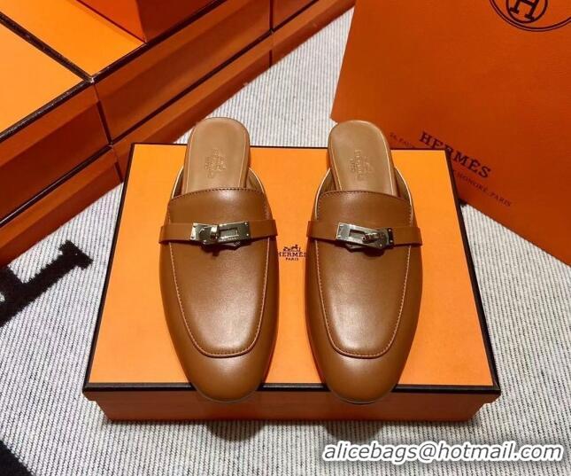 Sumptuous Hermes Kelly Calfskin Flat Mules Brown 090915