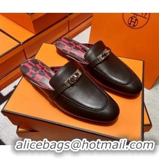 Good Looking Hermes Kelly Calfskin Flat Mules Black 090916