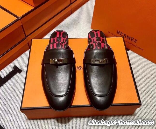 Good Looking Hermes Kelly Calfskin Flat Mules Black 090916