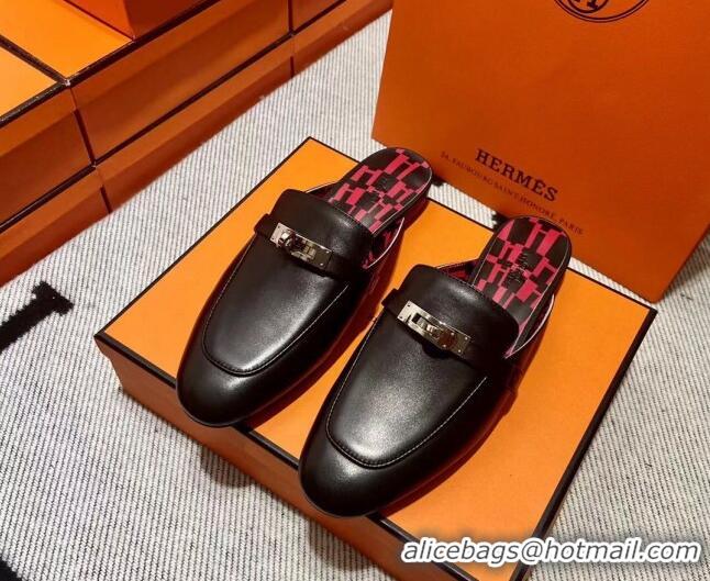 Good Looking Hermes Kelly Calfskin Flat Mules Black 090916