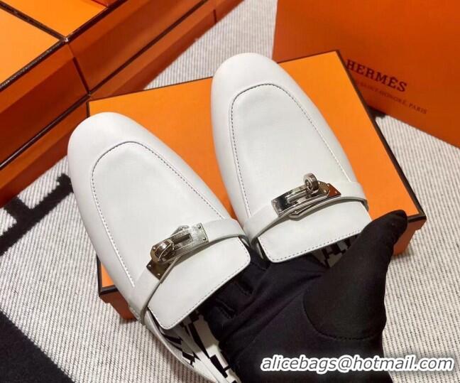 Perfect Hermes Kelly Calfskin Flat Mules Optic White 090917