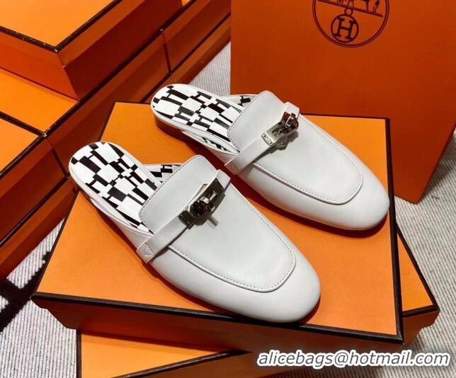 Perfect Hermes Kelly Calfskin Flat Mules Optic White 090917