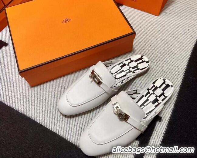 Perfect Hermes Kelly Calfskin Flat Mules Optic White 090917