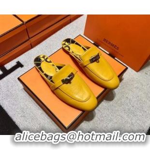 Best Product Hermes Kelly Calfskin Flat Mules Yellow 090922