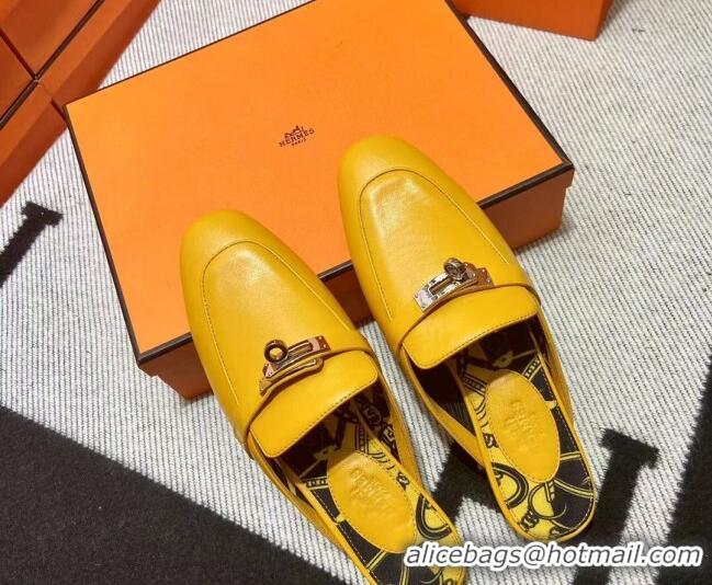 Best Product Hermes Kelly Calfskin Flat Mules Yellow 090922