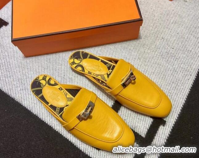 Best Product Hermes Kelly Calfskin Flat Mules Yellow 090922