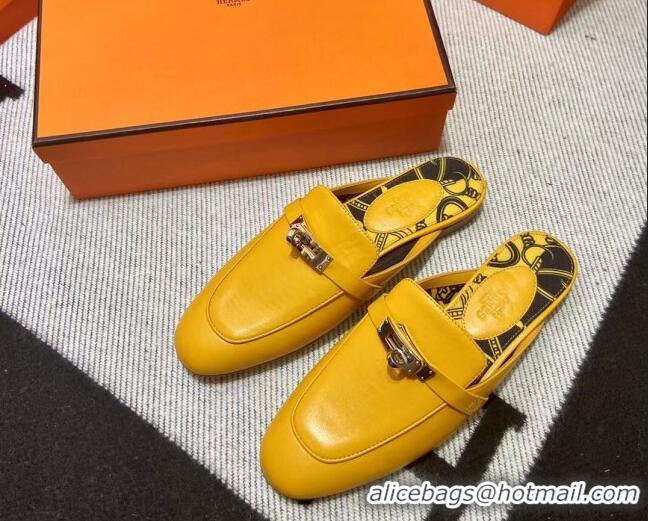 Best Product Hermes Kelly Calfskin Flat Mules Yellow 090922