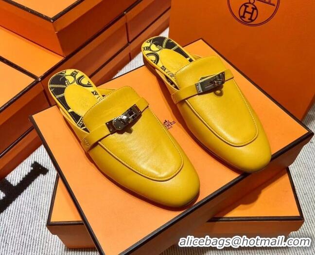 Best Product Hermes Kelly Calfskin Flat Mules Yellow 090922