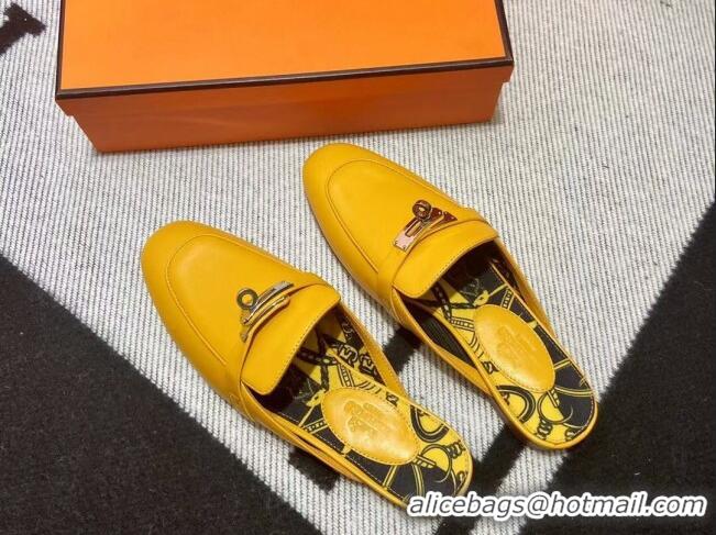 Best Product Hermes Kelly Calfskin Flat Mules Yellow 090922