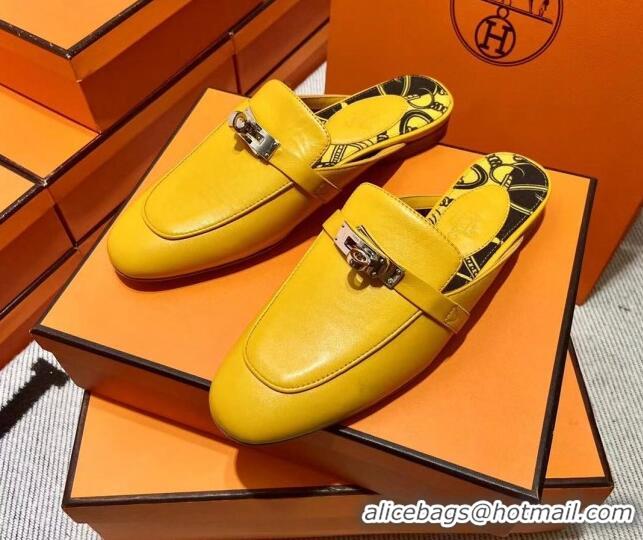 Best Product Hermes Kelly Calfskin Flat Mules Yellow 090922