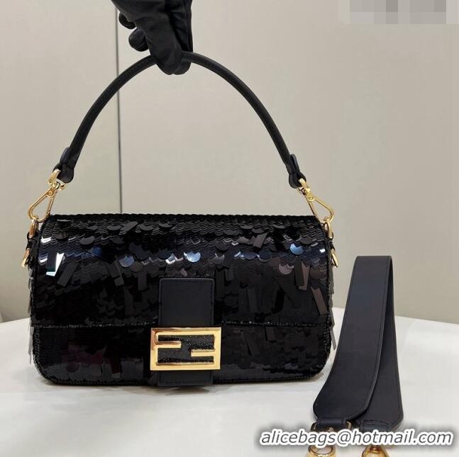 Famous Brand Fendi Baguette Medium Bag in Black Sequins 8601 2023