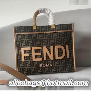 New Design Fendi Sunshine FF Jacquard Fabric Medium Shopper Bag FD1366 Brown 2023