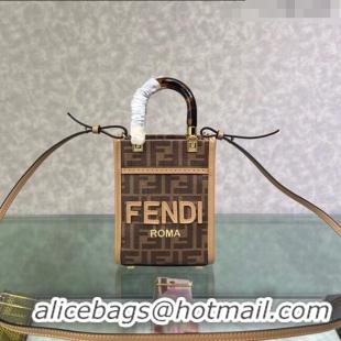 Famous Brand Fendi Sunshine FF Fabric Mini Shopper Bag FD1369 Brown 2023