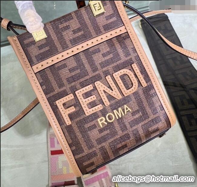 Famous Brand Fendi Sunshine FF Fabric Mini Shopper Bag FD1369 Brown 2023