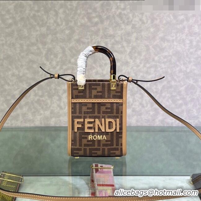 Famous Brand Fendi Sunshine FF Fabric Mini Shopper Bag FD1369 Brown 2023