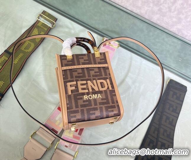 Famous Brand Fendi Sunshine FF Fabric Mini Shopper Bag FD1369 Brown 2023