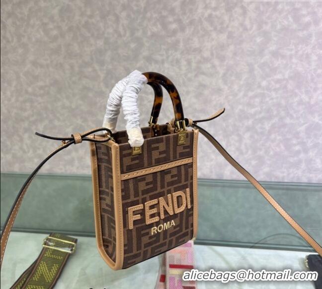 Famous Brand Fendi Sunshine FF Fabric Mini Shopper Bag FD1369 Brown 2023